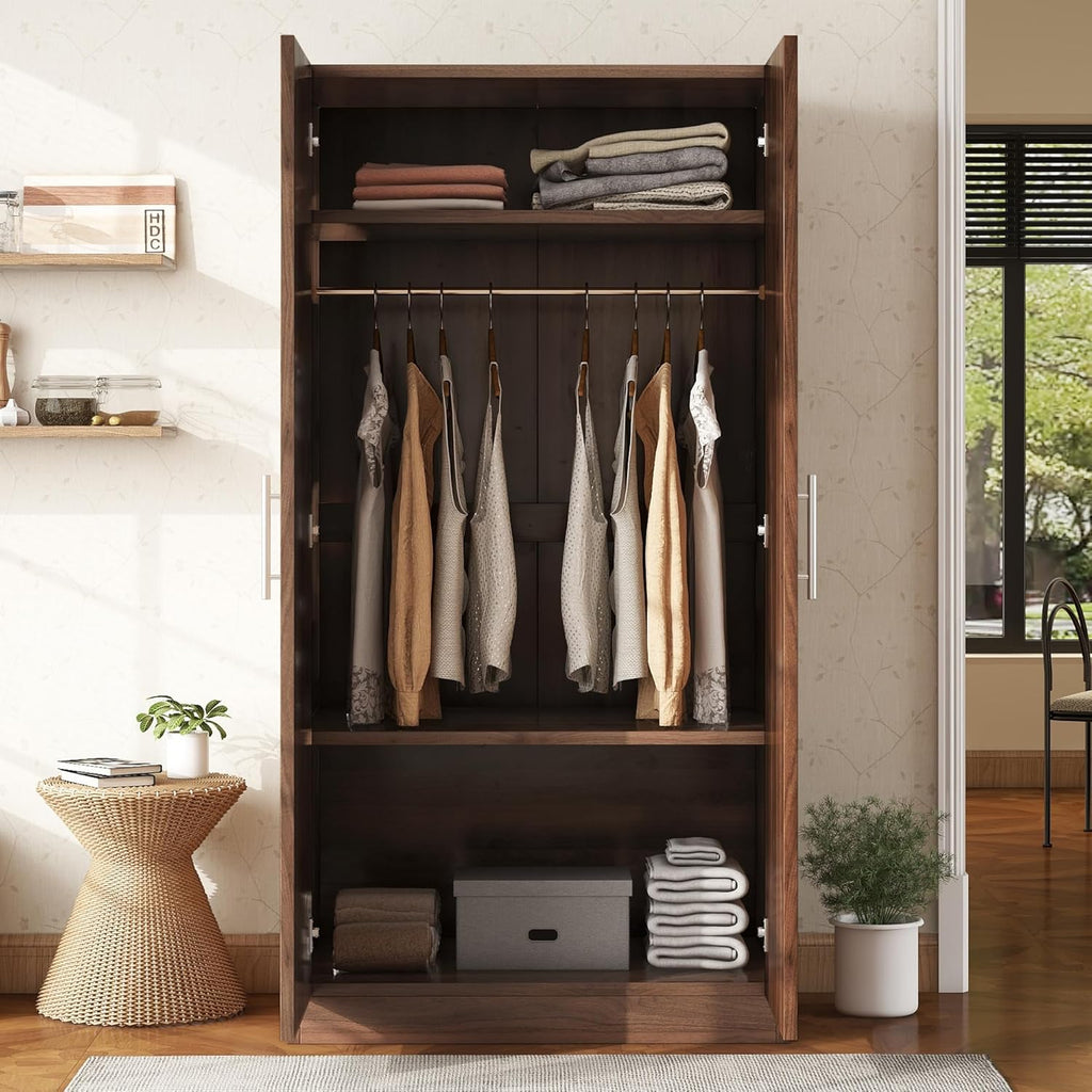 Brown Wooden Armoire with Hanging Rod and Storage Shelves A9302