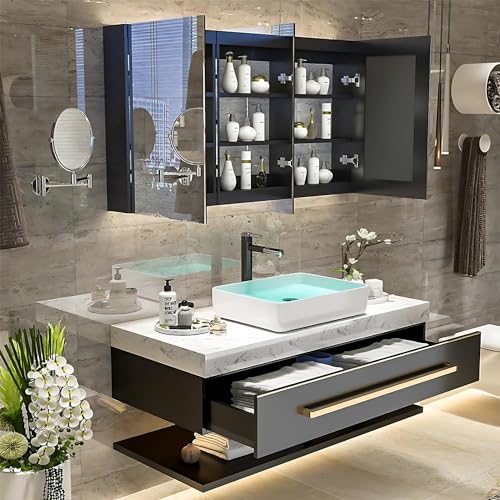 Solid Wood Wall Mounted Bathroom Vanity with Sink and LED Mirror (Single Sink 36") G878229