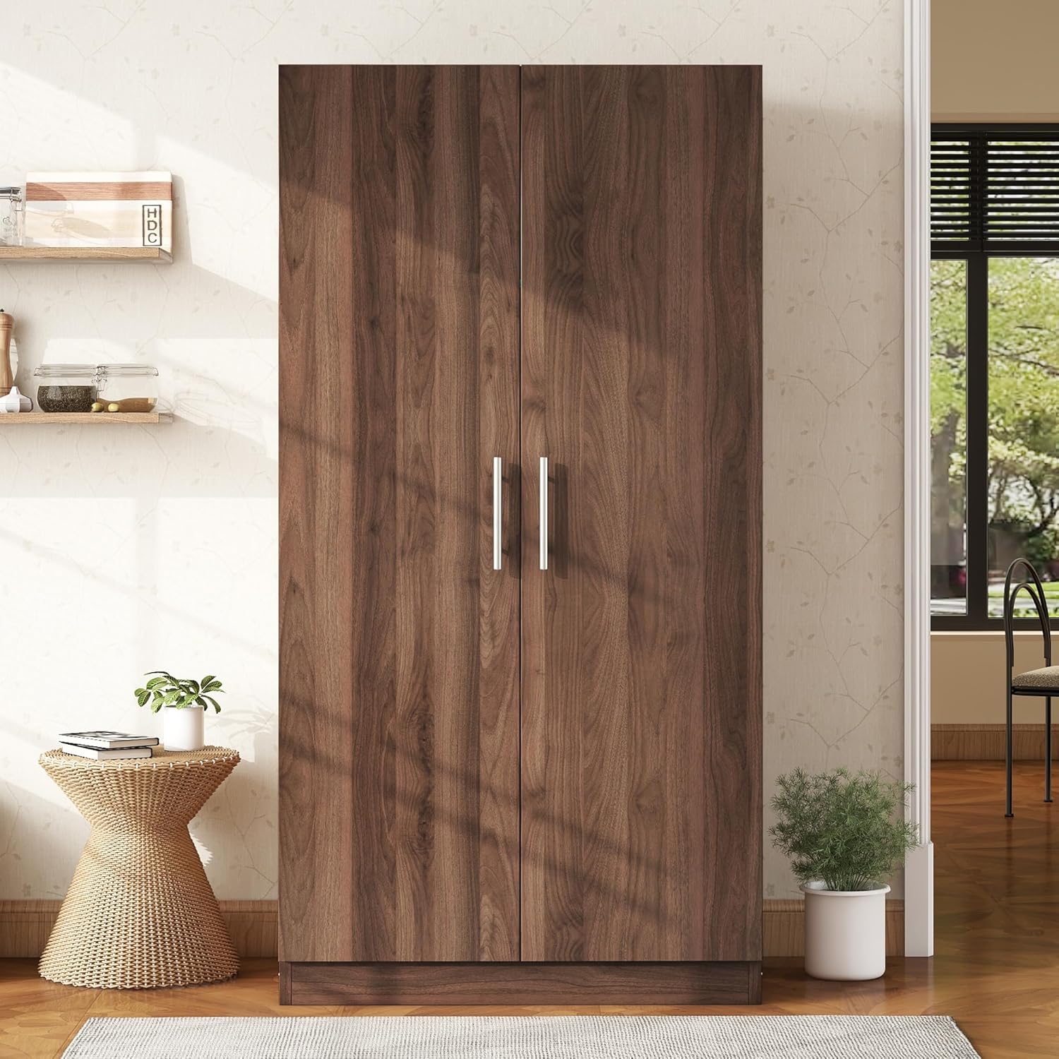 Brown Wooden Armoire with Hanging Rod and Storage Shelves A9302