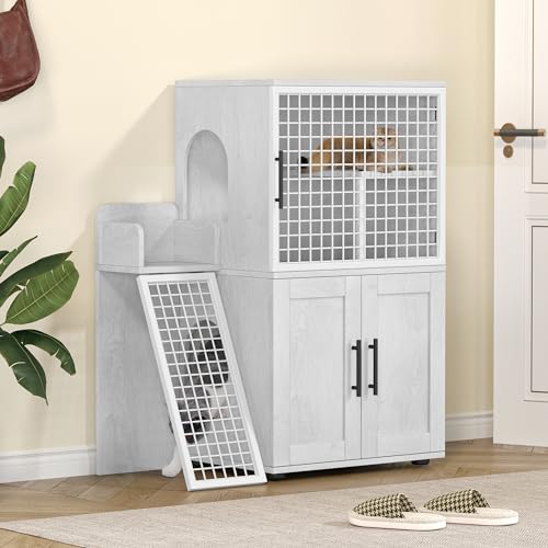 Cat Litter Box Enclosure with Platform, Double Layer, 33.5" L x 17.9" W x 41.9" H, Wax Wood E700054