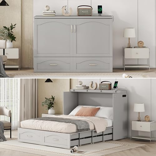 White Solid Wood Queen Size Murphy Bed with Storage and Bookcase Headboard L8840