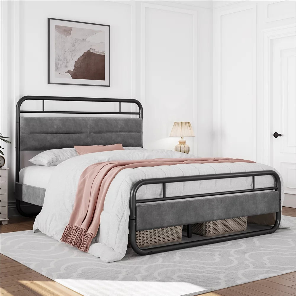 Queen Size Metal Platform Bed with Velvet Upholstered Headboard Dark Gray W98538