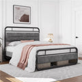 Queen Size Metal Platform Bed with Velvet Upholstered Headboard Dark Gray W98538