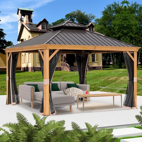 10ft x 12ft Hardtop Gazebo with Galvanized Steel Double Roof and Netting H47691