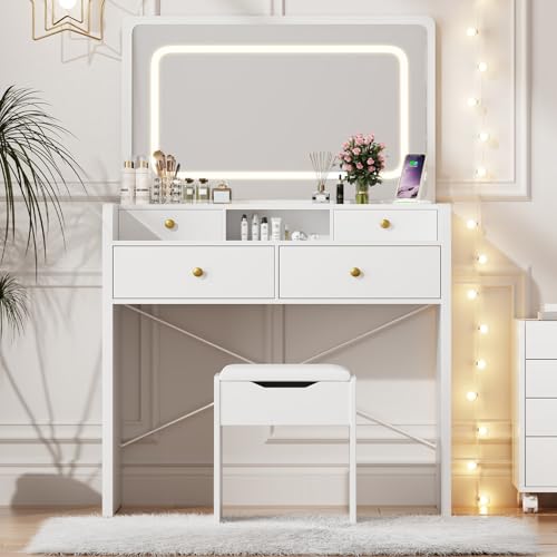 White Vanity Desk with Mirror and Lights, Drawers, Storage Stool, 41" Mirror H794693