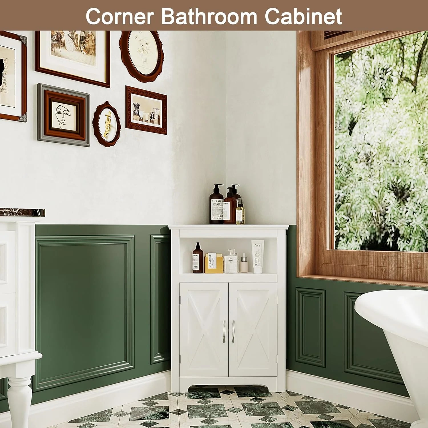 White Corner Storage Cabinet with Barn Door and Adjustable Shelf R4294