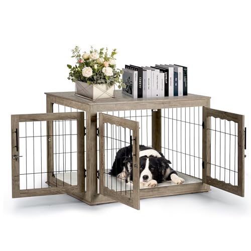 Greige Wooden Dog Crate with Bed Mat I7586