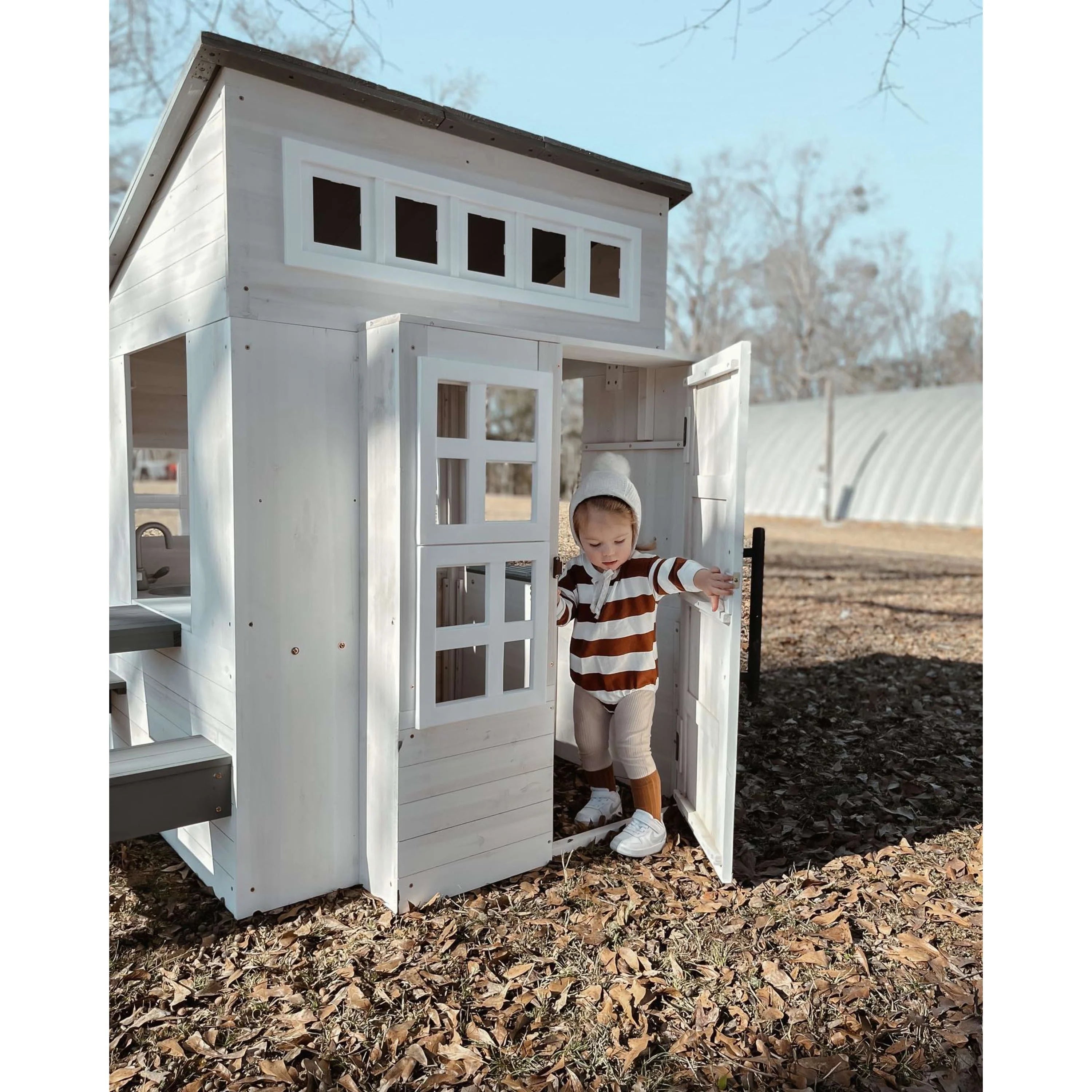 White Wooden Playhouse with Picnic Table, Mailbox & Outdoor Grill R190105