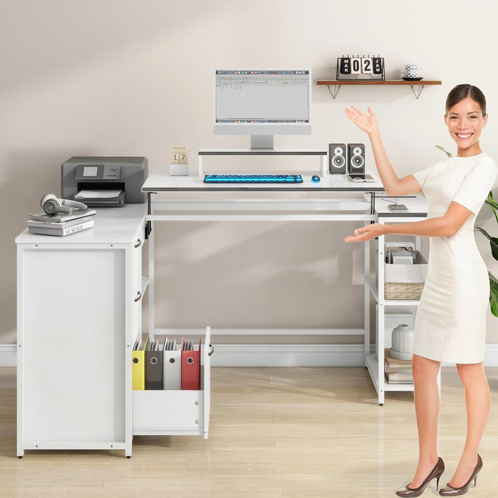 61" L Shaped Desk with Lift Top, Power Outlets, Drawers, Open Storage Shelf, Monitor Stand N6682