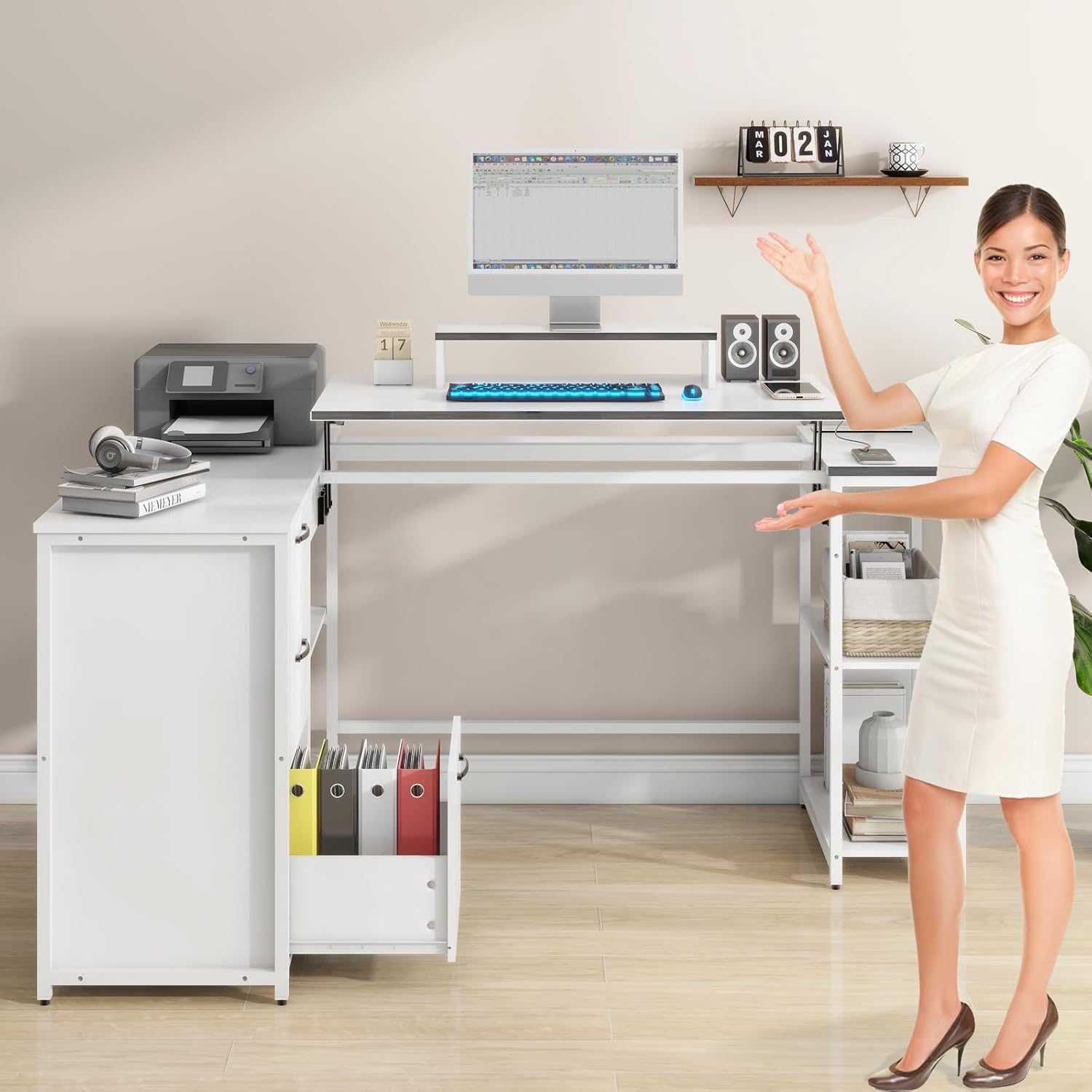 61" L Shaped Desk with Lift Top, Power Outlets, Drawers, Open Storage Shelf, Monitor Stand N6682