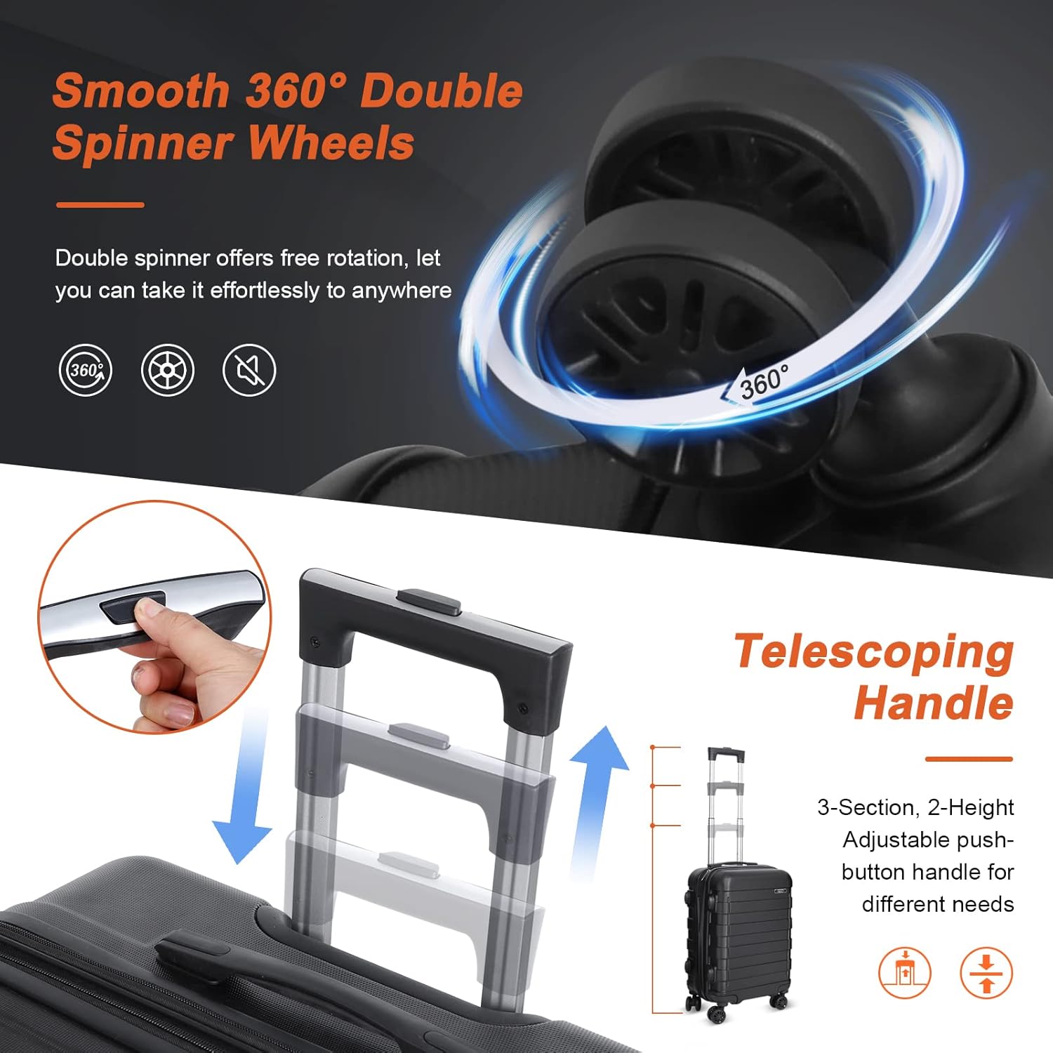 Black 3 Piece Hardside Expandable Luggage Set with Spinner Wheels Y434