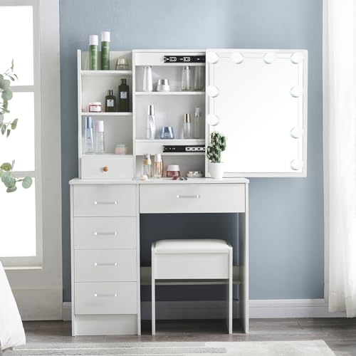 Makeup Vanity Desk with Lighted Mirror, 6 Drawers, and Upholstered Stool O819