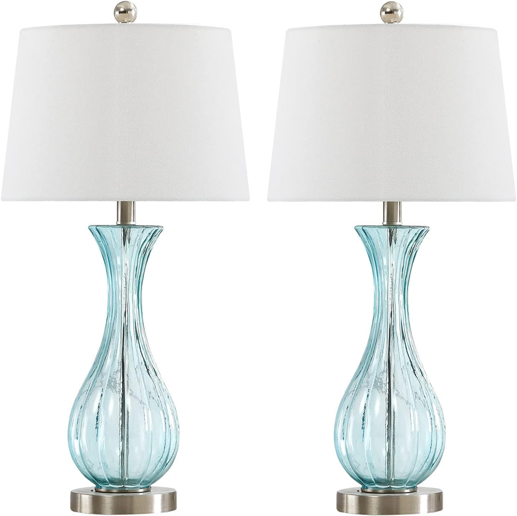 Set of 2 Blue Glass Table Lamps with White Shade R6486
