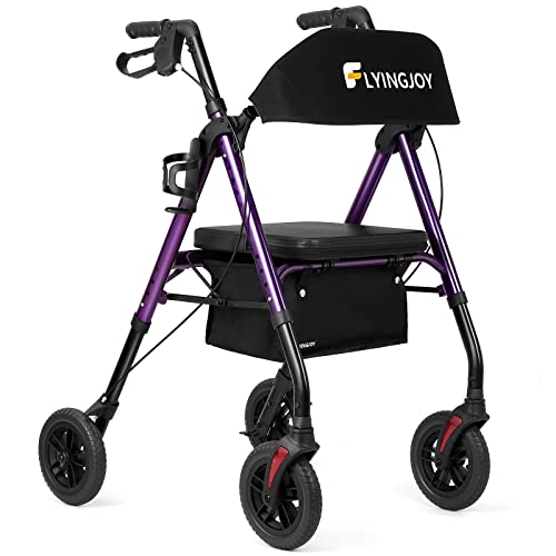 Blue 8" 4 Wheels Rollator Walker with Seat Locking Brakes Adjustable Seat and Arms Aluminum Foldable Removable Back Support 300 lbs O6573