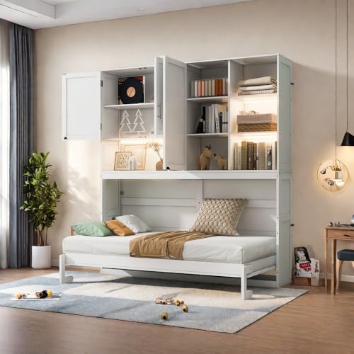 Twin Size Gray Murphy Bed Frame with Storage Cabinet and Shelves U651083