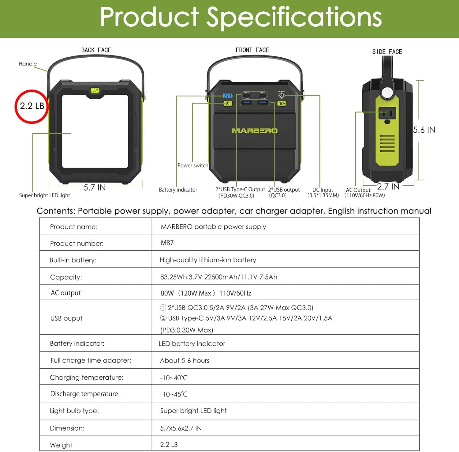 83Wh 22500mAh Portable Power Station with AC Outlet 4 USB Ports L209