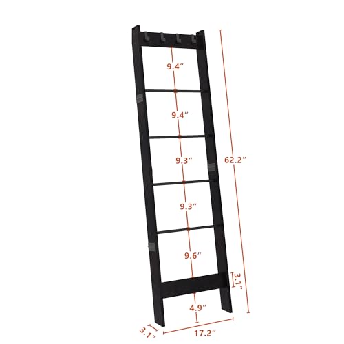 6 Tier Blanket Ladder Shelf with 4 Metal Hooks, Rustic Brown A11942