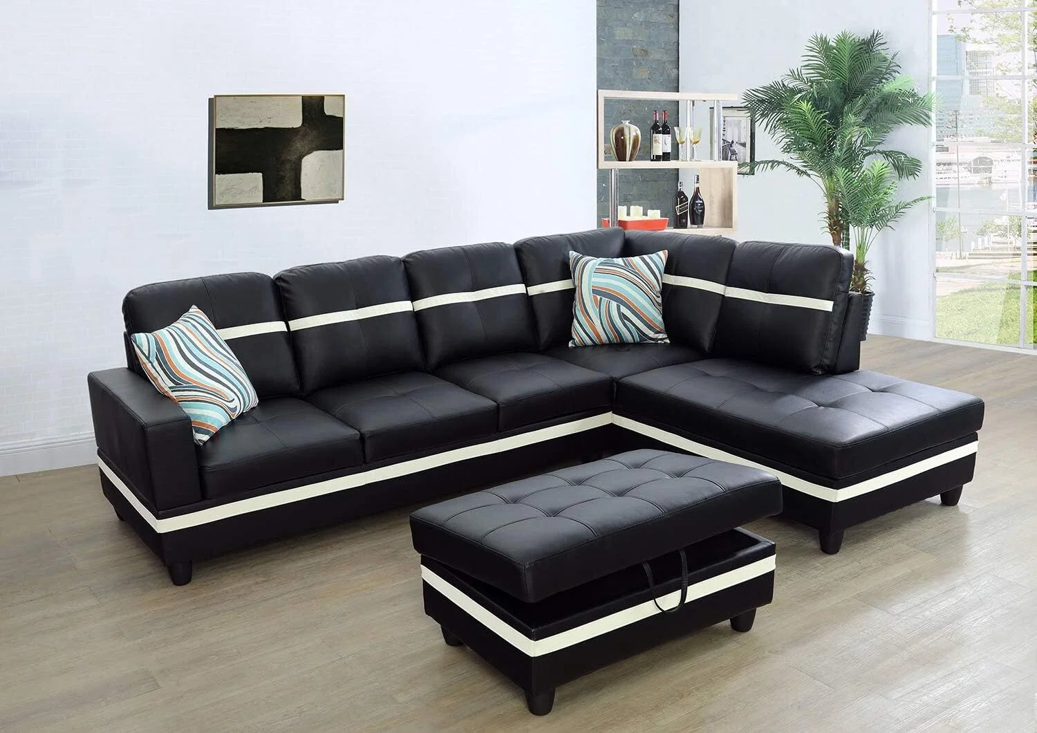 Black Leather 3-Piece L-Shaped Sectional Sofa Set with Ottoman Y3713