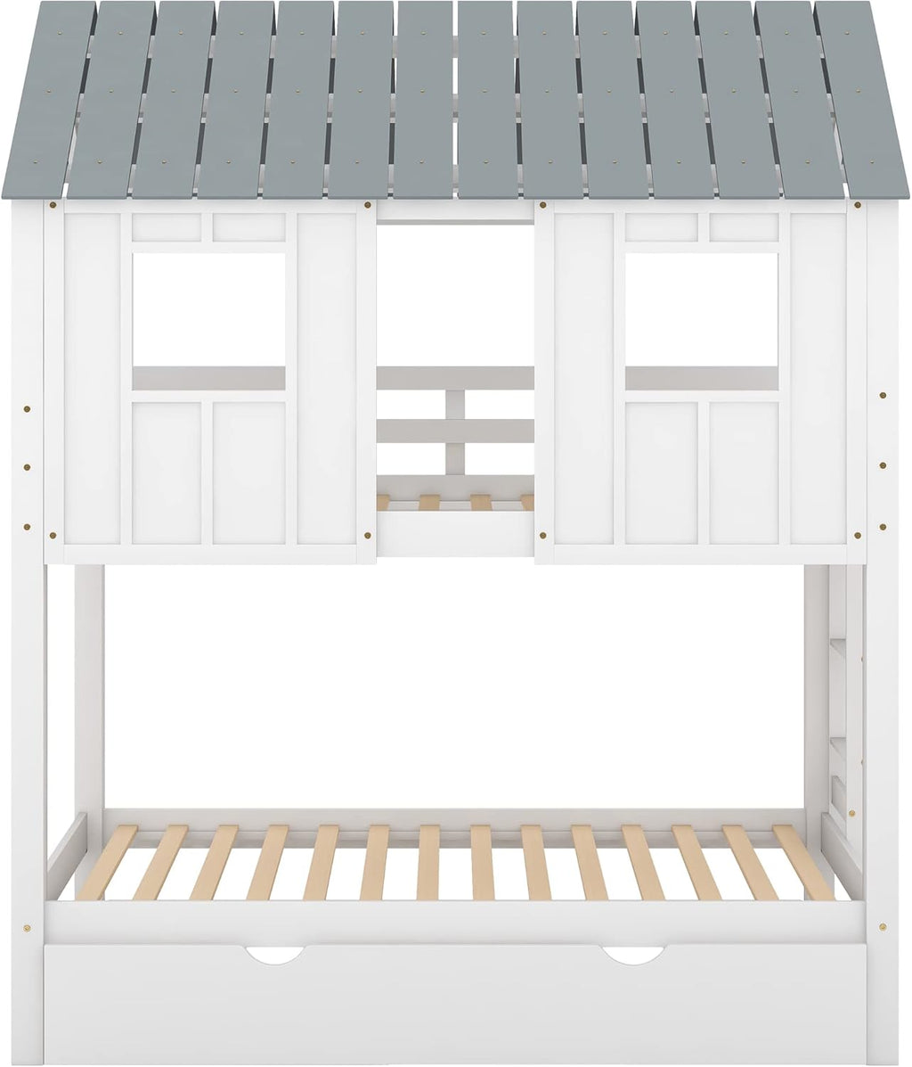 White Twin Over Twin Wood Bunk Beds with Trundle Q882589