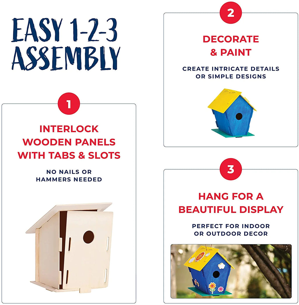 12 Wooden Birdhouse Crafts for Kids with Paint Strips, Paintbrushes & Stickers K97965