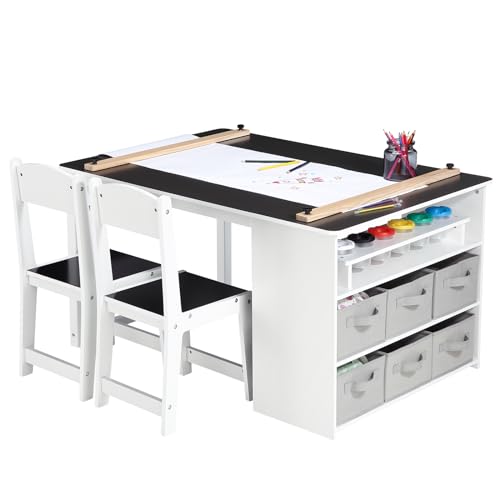 Kids Art Table and Chairs Set with Storage Desk and Art Supply Organizer W564409