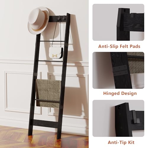 6 Tier Blanket Ladder Shelf with 4 Metal Hooks, Rustic Brown A11942