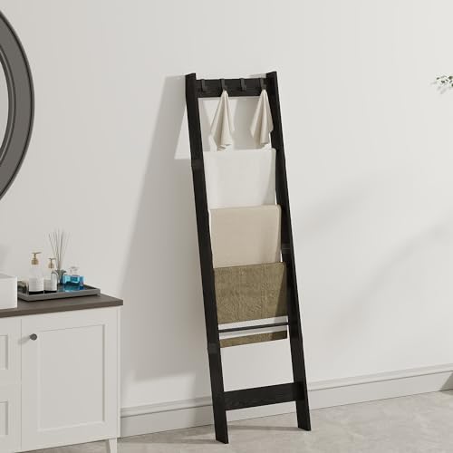 6 Tier Blanket Ladder Shelf with 4 Metal Hooks, Rustic Brown A11942