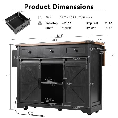 Black Farmhouse Kitchen Island with Power Outlet, 2 Sliding Barn Door, Drop Leaf, Spice Rack, Rolling Cart on Wheels E397