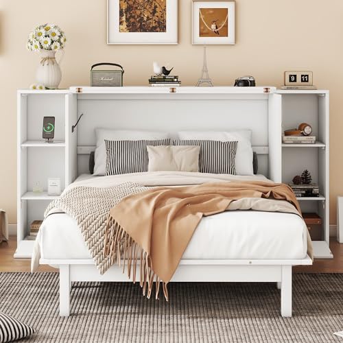 White Queen Size Wood Murphy Bed with Shelves and Storage Drawers U66402