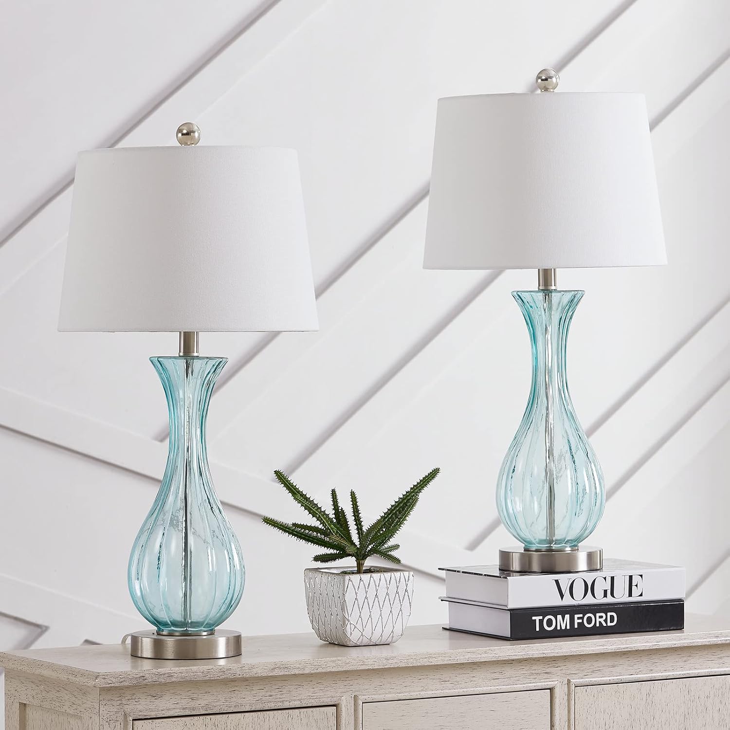 Set of 2 Blue Glass Table Lamps with White Shade R6486