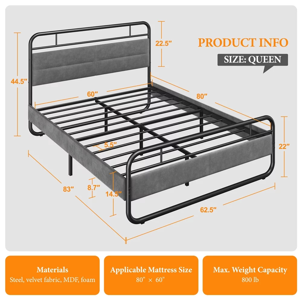 Queen Size Metal Platform Bed with Velvet Upholstered Headboard Dark Gray W98538