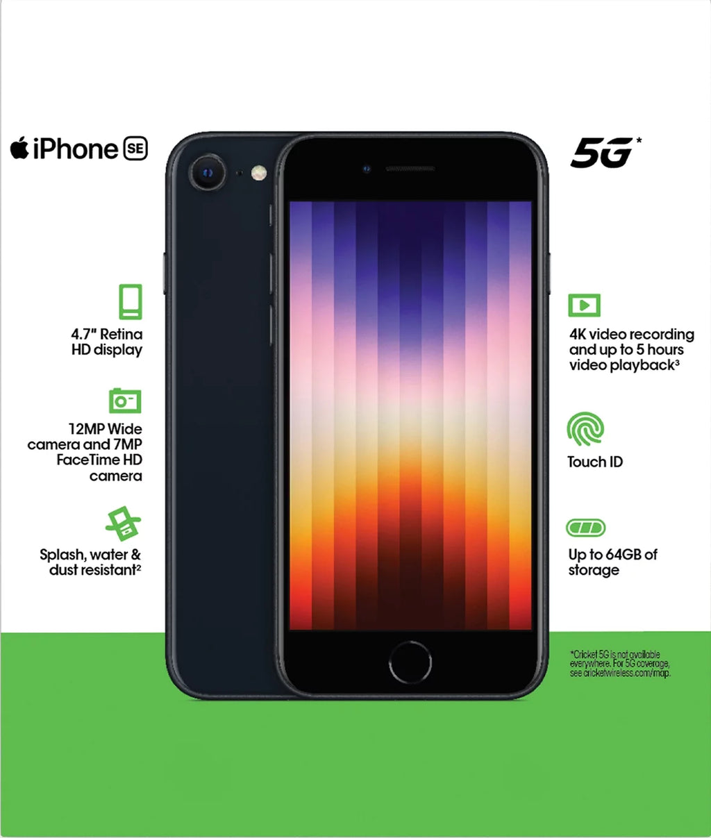 Apple iPhone SE 2022, 64GB, 4GB RAM, Midnight - Prepaid Smartphone V993340