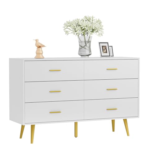 White 6 Drawer Wood Dresser with Gold Metal Handles F64601