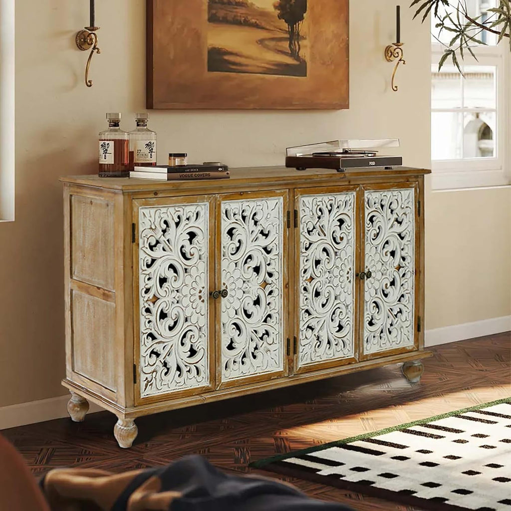 Accent Cabinet with 4 Doors and Wood Carved Floral Doors X834