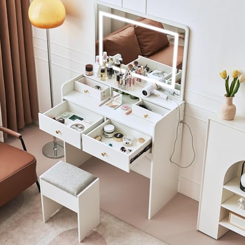 White Vanity Desk with Mirror and Lights, Drawers, Storage Stool, 41" Mirror H794693