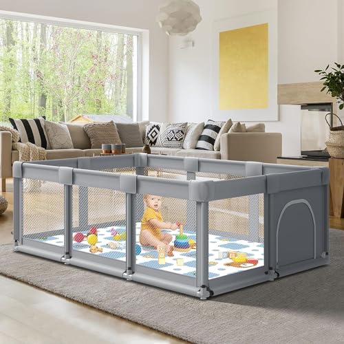 Large Baby Playpen with Soft Breathable Mesh, Grey B575