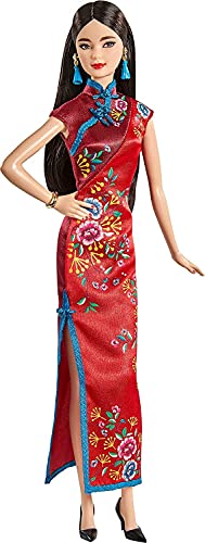 Lunar New Year Doll (12-inch Brunette) Wearing Red Satin Cheongsam Dress with Accessories Z776