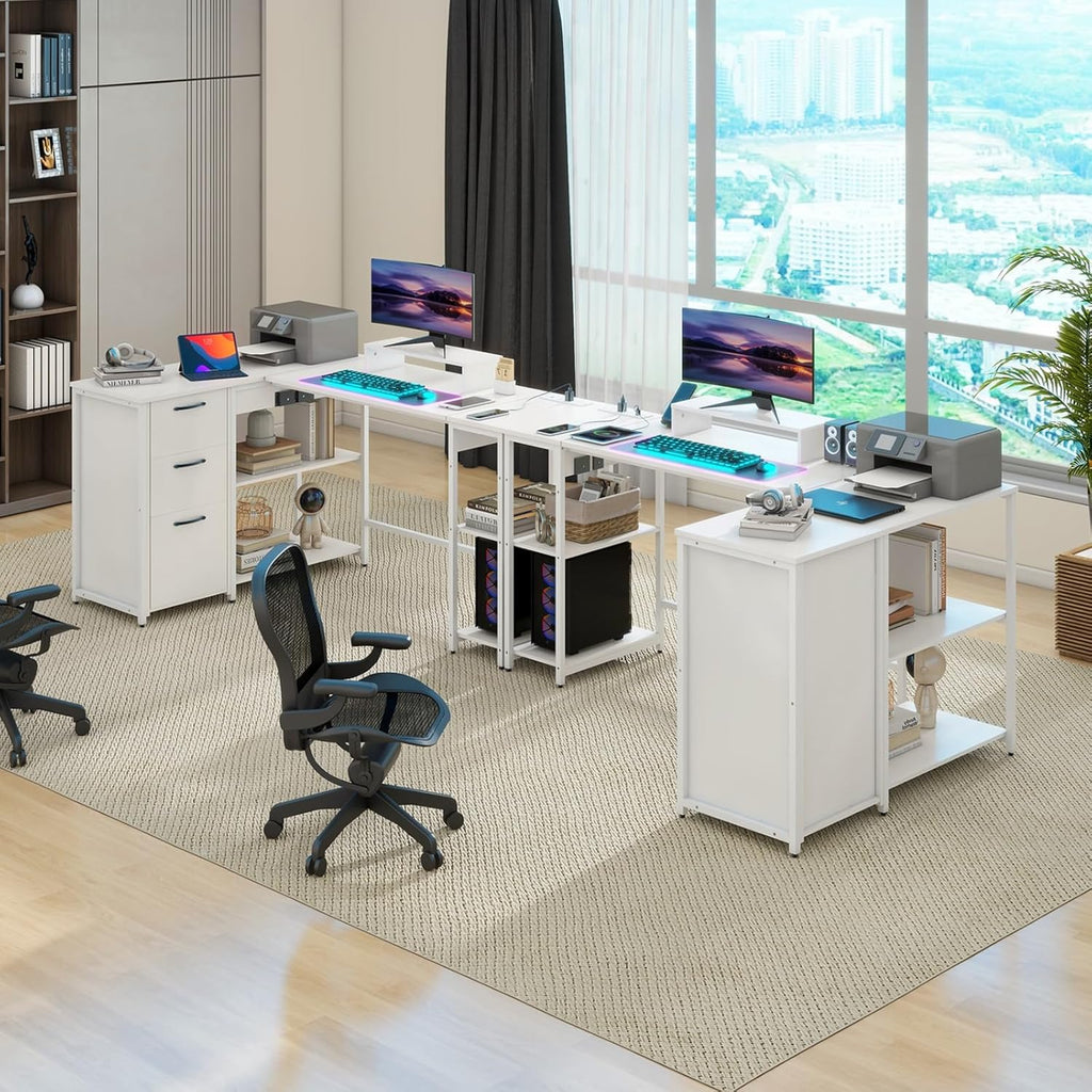 61" L Shaped Desk with Lift Top, Power Outlets, Drawers, Open Storage Shelf, Monitor Stand N6682