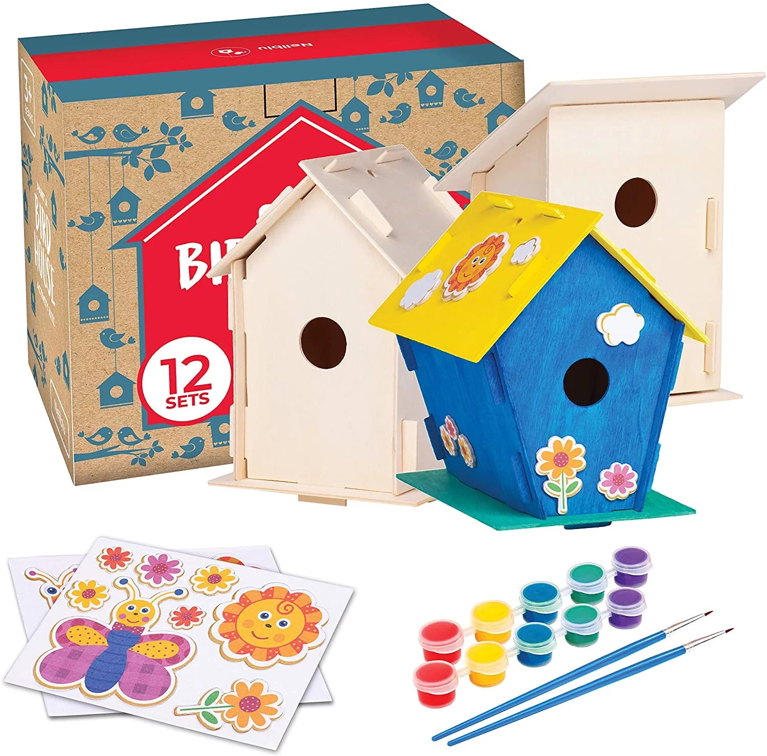 12 Wooden Birdhouse Crafts for Kids with Paint Strips, Paintbrushes & Stickers K97965