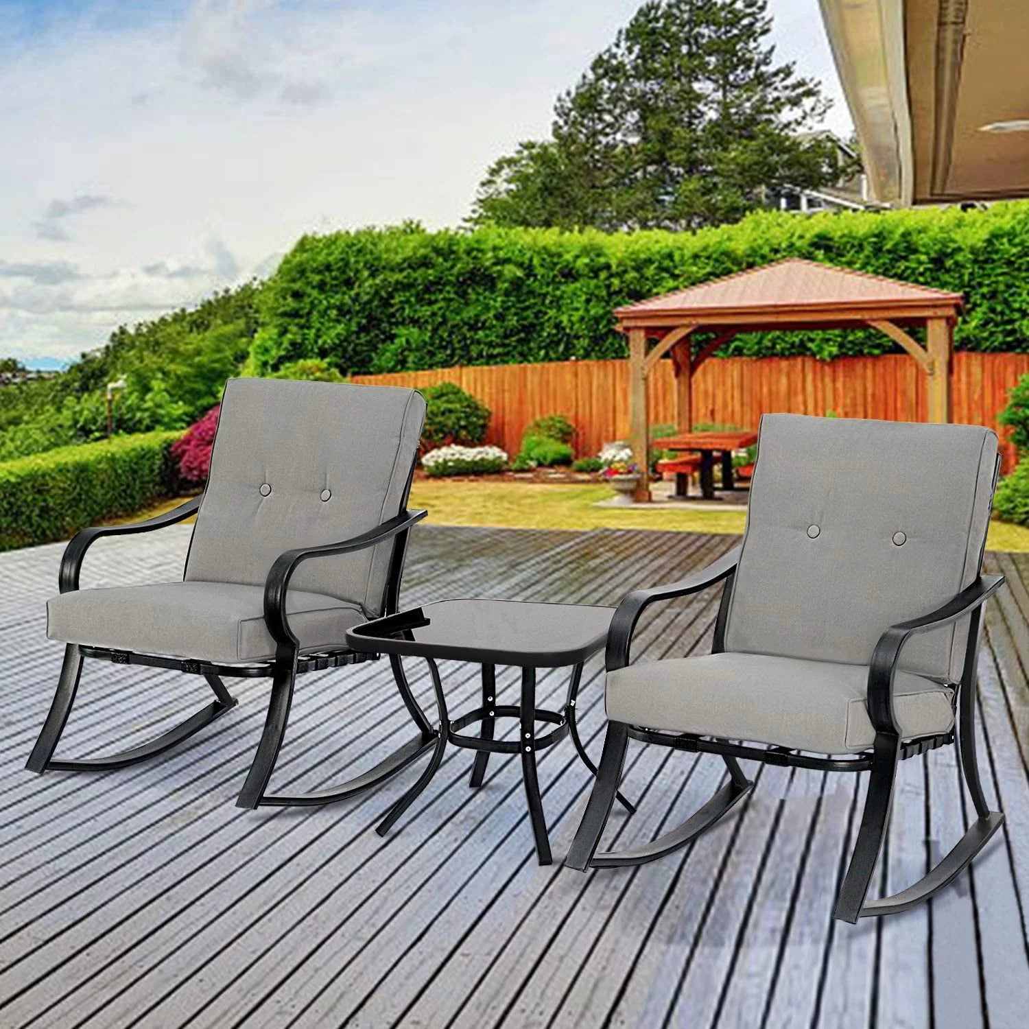 3-Piece Black Iron Outdoor Rocking Chairs Set with Gray Cushion and Glass Coffee Table O66268