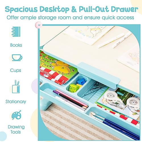 Pink Height-Adjustable Kids Desk and Chair Set with Tiltable Desktop D55147