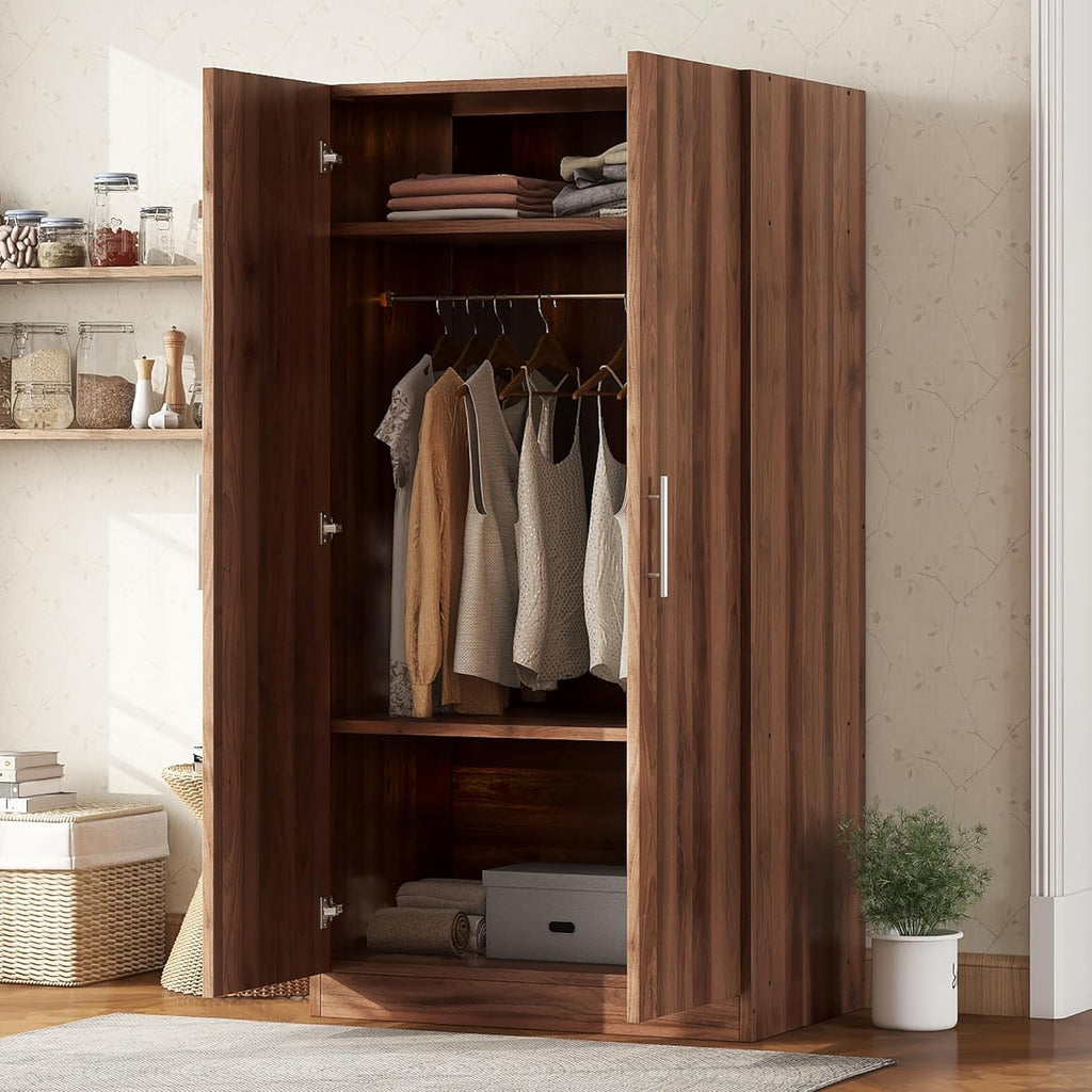 Brown Wooden Armoire with Hanging Rod and Storage Shelves A9302