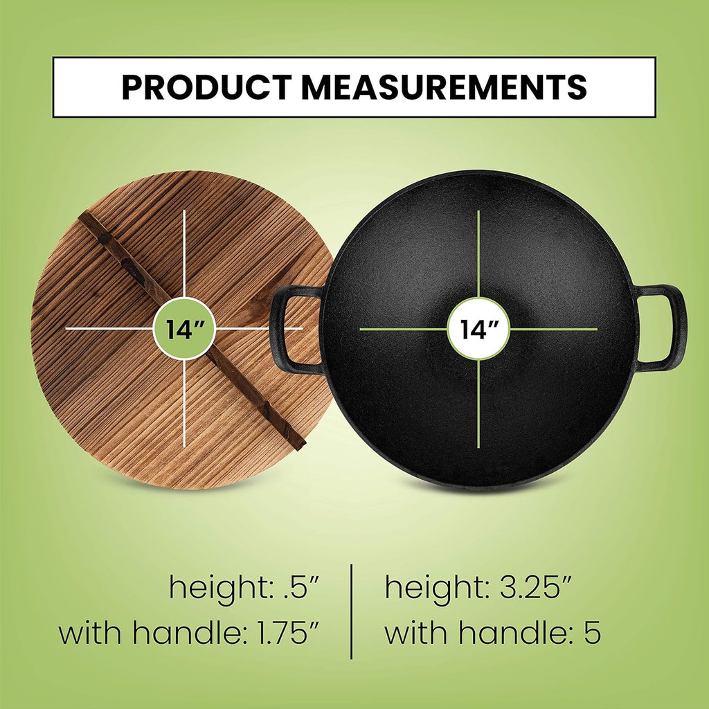 Pre-Seasoned Cast Iron Wok with Wooden Lid 14 Inches Nonstick Deep Frying Pan P1176