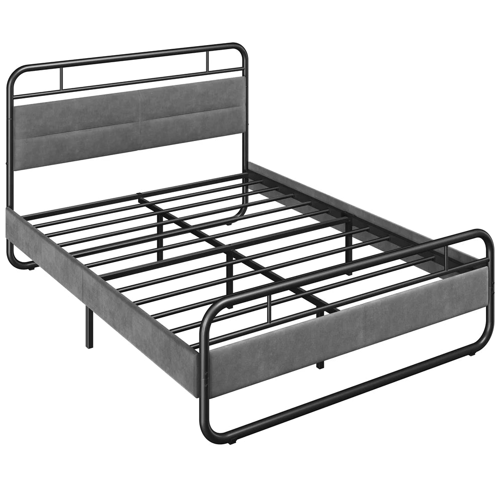 Queen Size Metal Platform Bed with Velvet Upholstered Headboard Dark Gray W98538