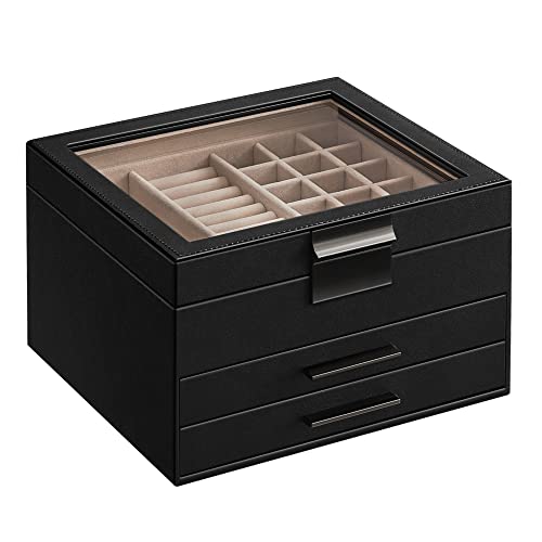 4-Layer Jewelry Organizer with Glass Lid, 3 Drawers, Dove Gray and Gold N186364