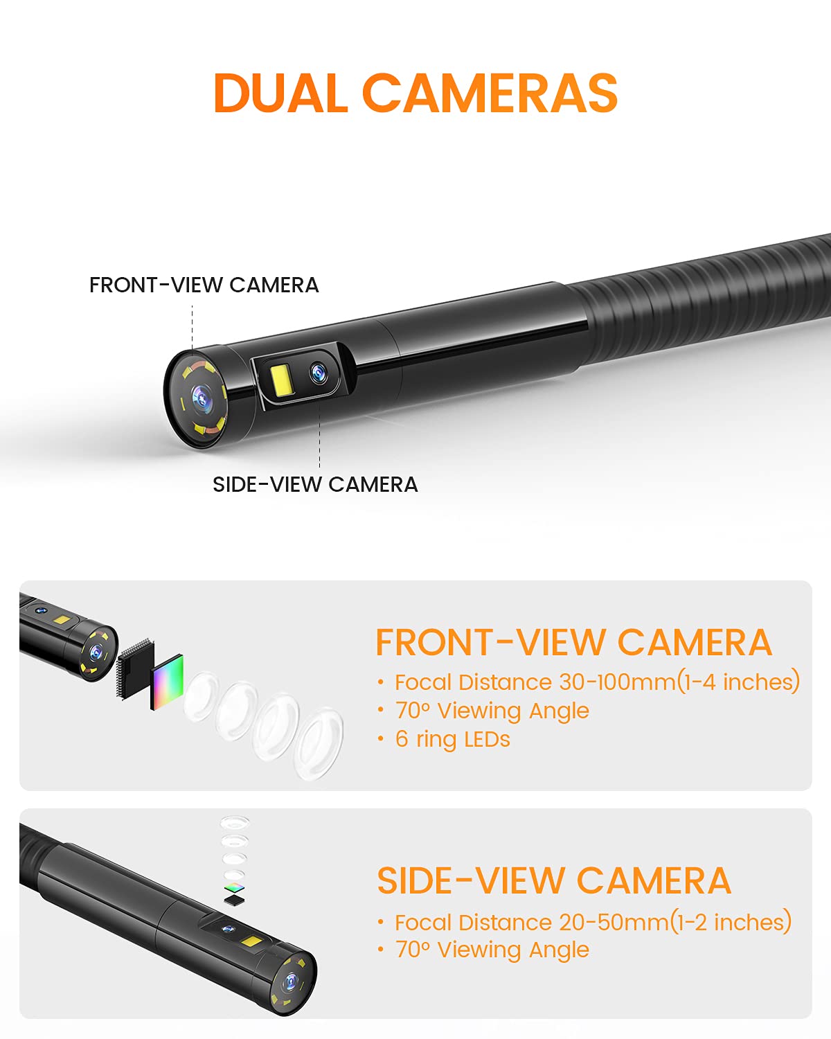 Dual Lens Inspection Camera with Light, 5 IPS Screen, 16.4ft Flexible Probe, 1080p T601041