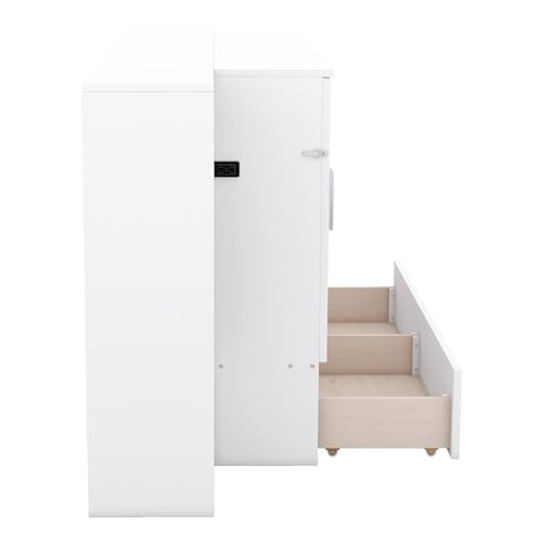 White Queen Size Wood Murphy Bed with Shelves and Storage Drawers U66402