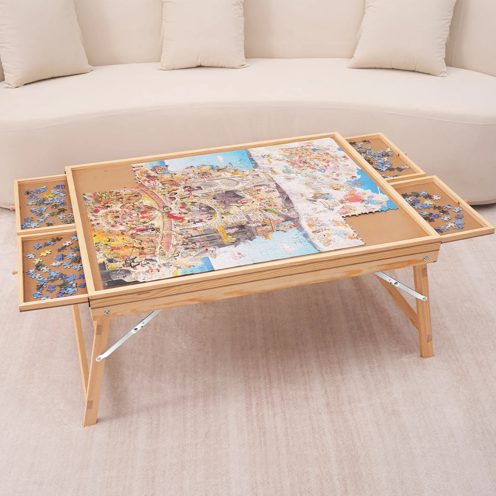 1500 Piece Puzzle Board with Folding Legs & 4 Sliding Drawers 32.7" x 24.6" Wooden Jigsaw Puzzle Table Z2456
