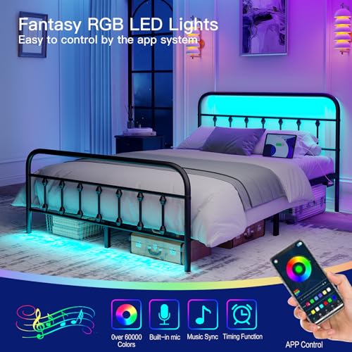 Black Metal Platform Bed Frame with LED J613711