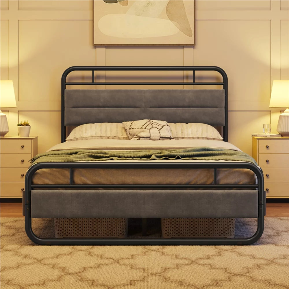 Queen Size Metal Platform Bed with Velvet Upholstered Headboard Dark Gray W98538